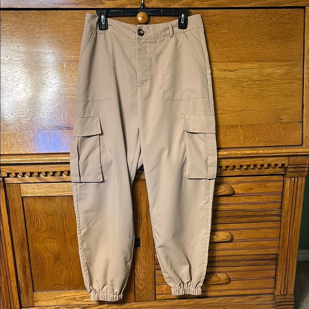 Y2K Gorpcore Streetwear Baggy Tan Khaki Cargo Jogger Pants High Rise Utility L